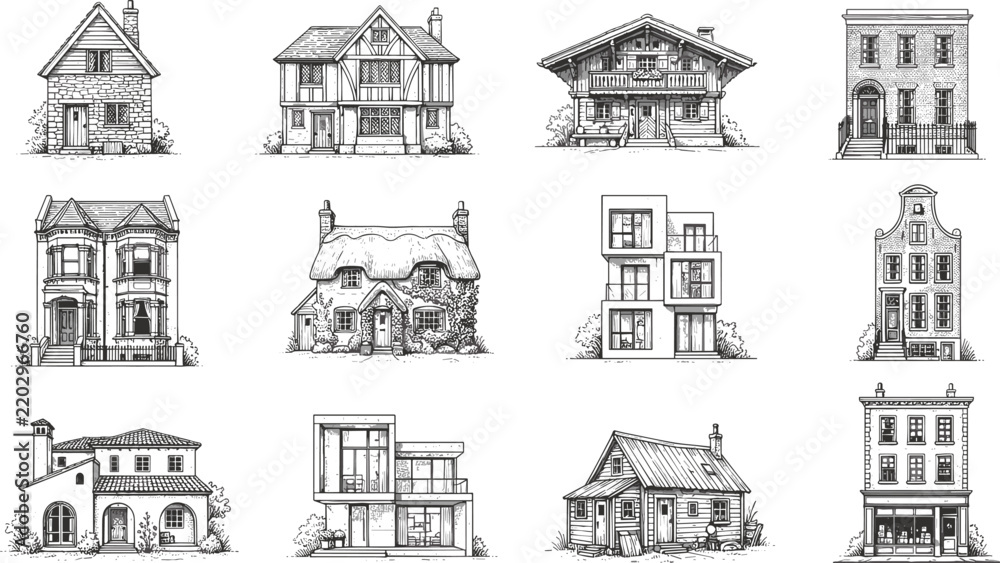 Obraz premium House and Residential Architecture Illustration Collection with Victorian Homes, Cottage Houses, Townhouses, Farmhouses, Cabins, and Traditional Buildings