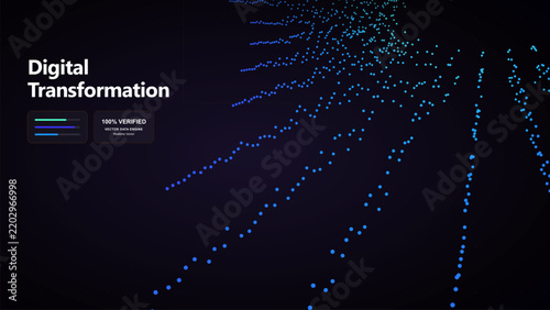 Digital transformation concept with blue and purple particles forming abstract wave on dark background.