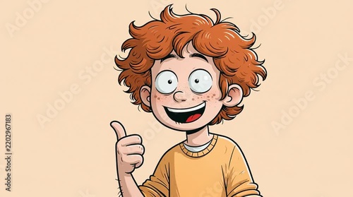 Positive feedback and success concept cartoon boy with red hair giving a thumbs up gesture cheerful character animation on a solid light background