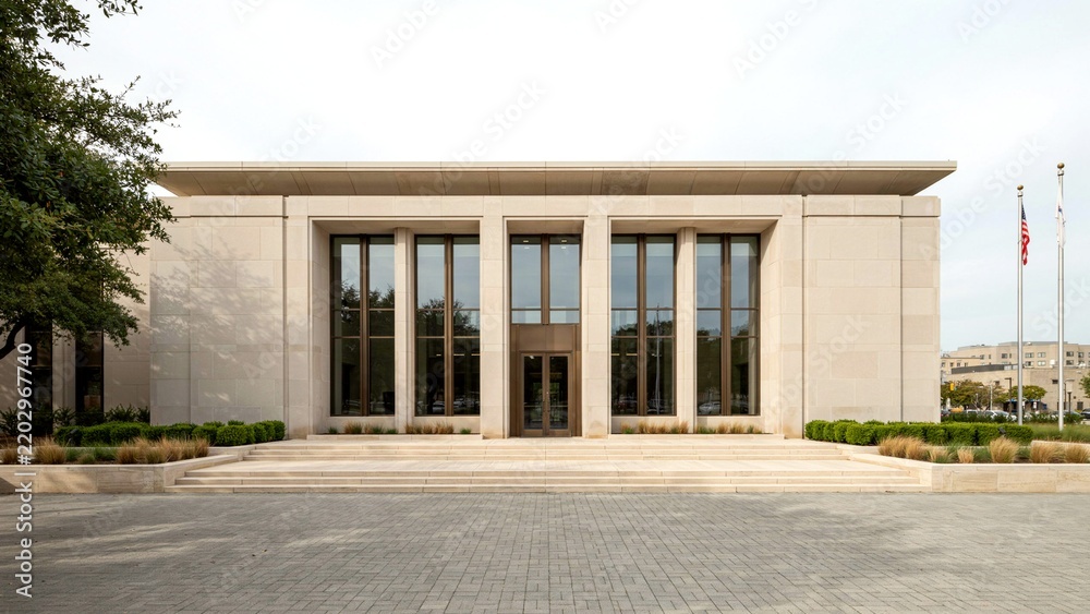 Obraz premium Modern stone government building exterior with flagpoles