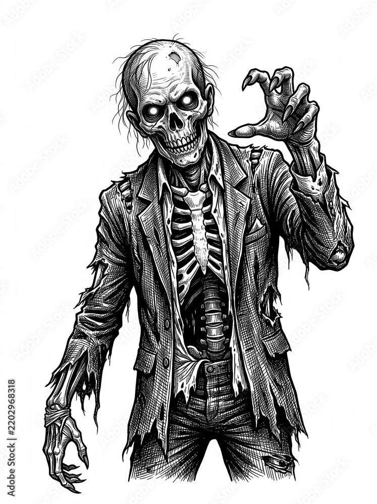Fototapeta premium Scary Zombie Businessman in Tattered Suit Illustration - Black and White Ink Drawing of Undead Ghoul for Halloween