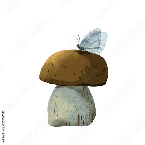 Watercolor mushroom with a delicate butterfly isolated on transparent background