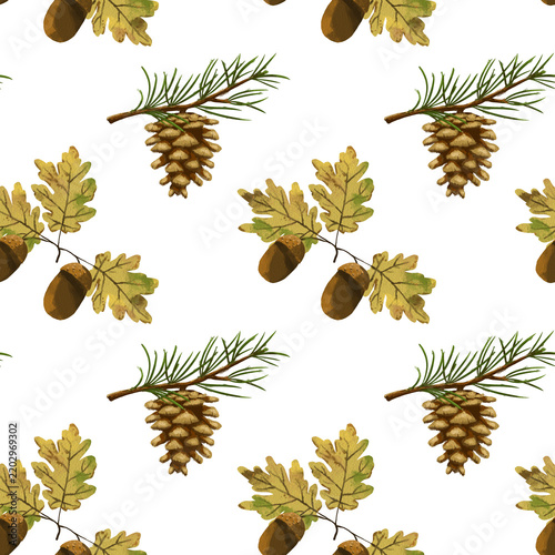 Seamless pattern with watercolor pine cones and oak branches with acorns