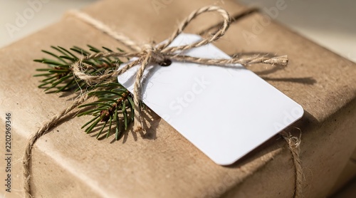 Close-up of a rustic gift box wrapped in brown kraft paper with a blank white label and spruce branch decoration, perfect for sustainable holiday packaging or personalized Christmas greeting.