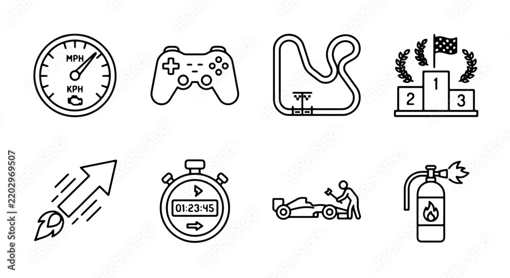 Obraz premium Racing Icons Set: Speedometer, Game Controller, Track, Podium, Rocket, Stopwatch, Car, Fire Extinguisher