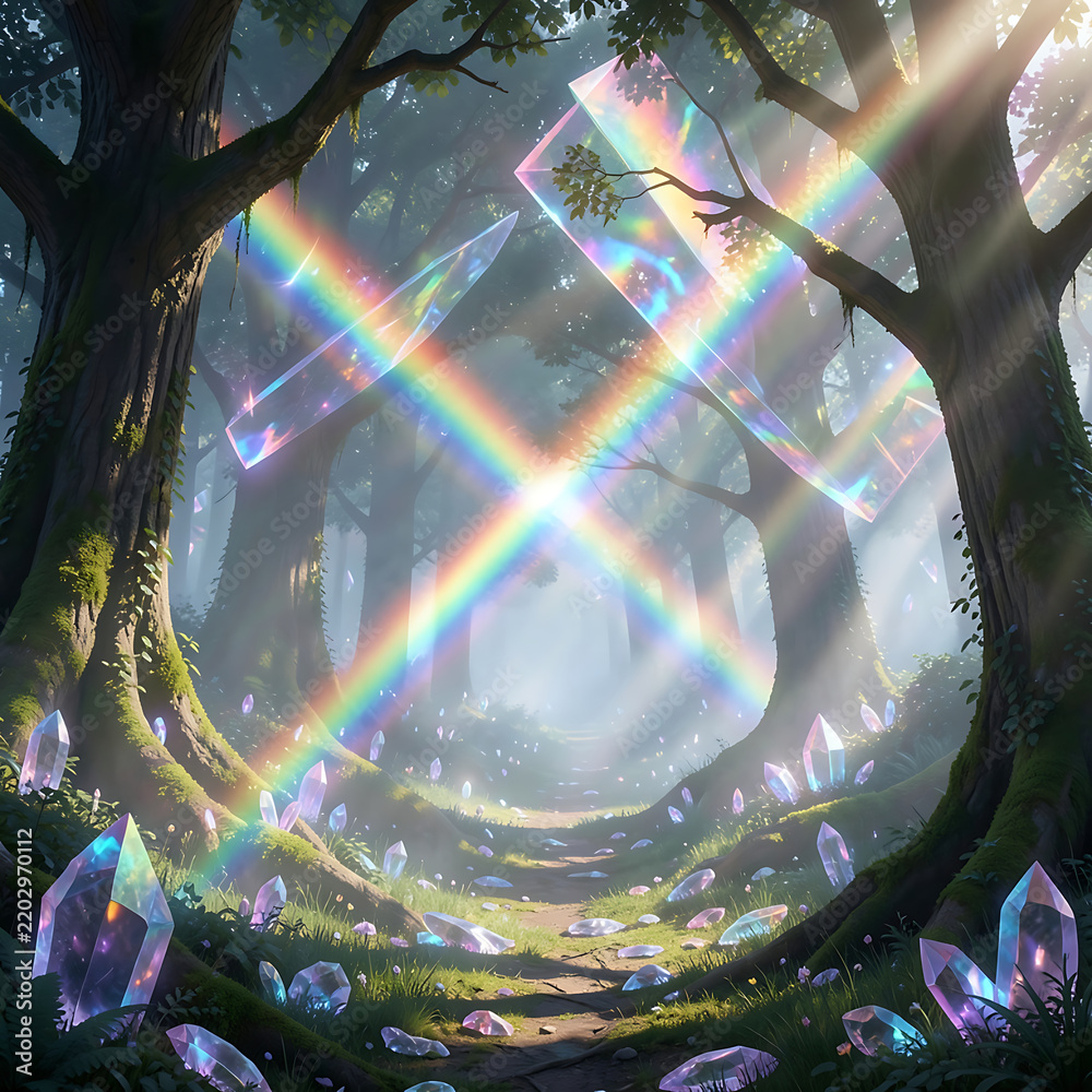 Obraz premium Enchanted forest path glowing with magical crystals and vibrant rainbow light beams