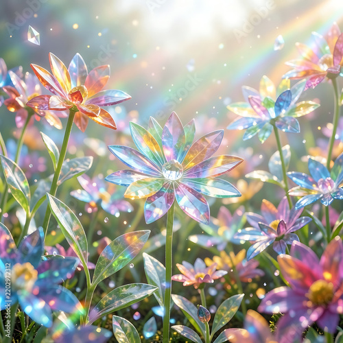 Ethereal Crystal Flowers Blooming in a Radiant Magical Meadow Under Soft Sunbeams and Dreamy Iridescent Light Reflections
