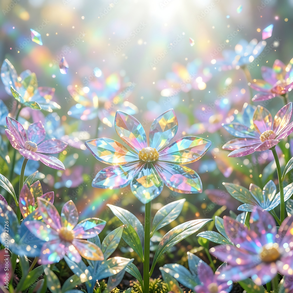 Obraz premium Dreamy Iridescent Crystal Flower Garden Radiating Ethereal Rainbow Light and Magical Sparkles in a Sunlit Fantasy Landscape