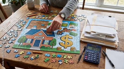 Person assembling a house themed puzzle with a dollar sign on a wooden desk real estate financial planning home ownership personal finance