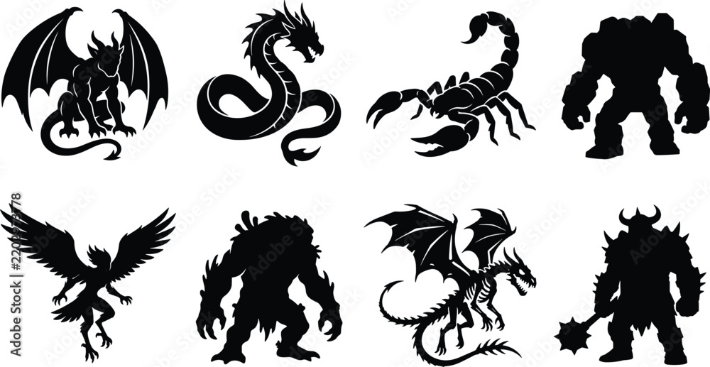 Fototapeta premium Halloween monster silhouette icon set featuring gargoyle demon, sea serpent dragon, giant scorpion, golem, harpy, yeti, skeleton dragon, and armored warrior