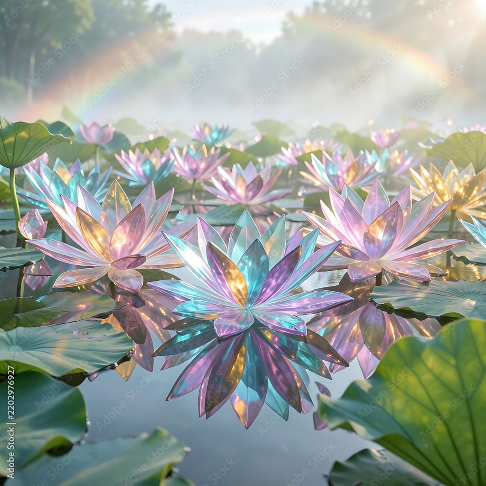 Obraz premium Magical holographic water lilies glowing on a misty pond beneath a vibrant rainbow in serene nature