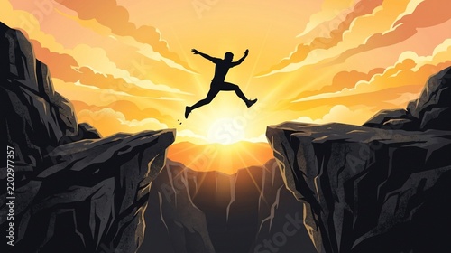 Silhouette of a person jumping across a canyon gap