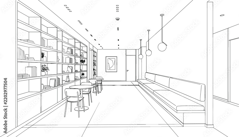 Fototapeta premium Modern library cafe interior sketch vector illustration with large bookshelf wall long bench seating and dining tables
