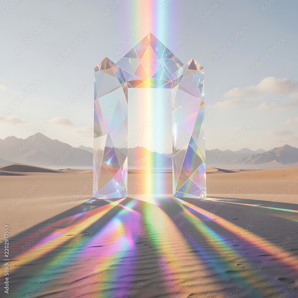 Obraz premium Surreal Crystalline Prism Portal with Vibrant Rainbow Light Refractions in a Minimalist Desert Landscape
