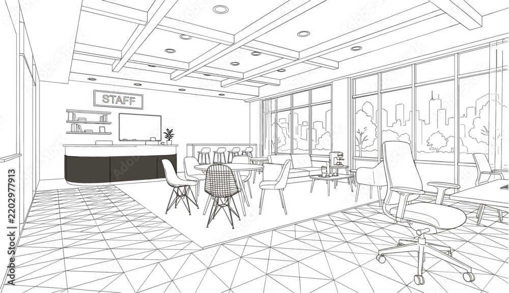 Fototapeta premium Modern office staff breakroom and lounge line art vector illustration with reception desk geometric tiled flooring and city views