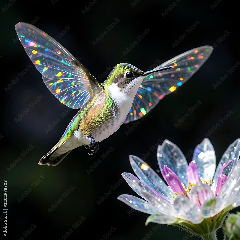 Obraz premium Magical hummingbird with iridescent holographic wings hovering above a glowing flower in the dark