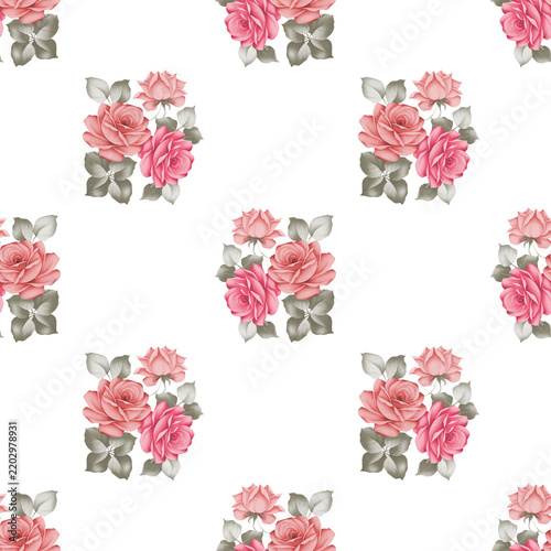 white background with watercolor delicate flower and leaves seamless pattern.