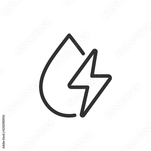 Electrified water drop, linear icon. Electrolytes, ionic conductivity and electrically active fluid. Line with editable stroke.