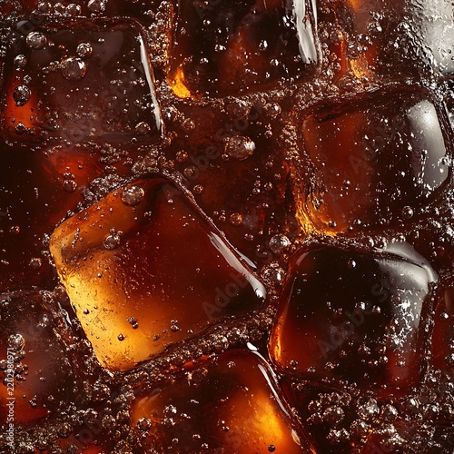 Close up of cola with ice cubes and bubbles refreshing drink detail