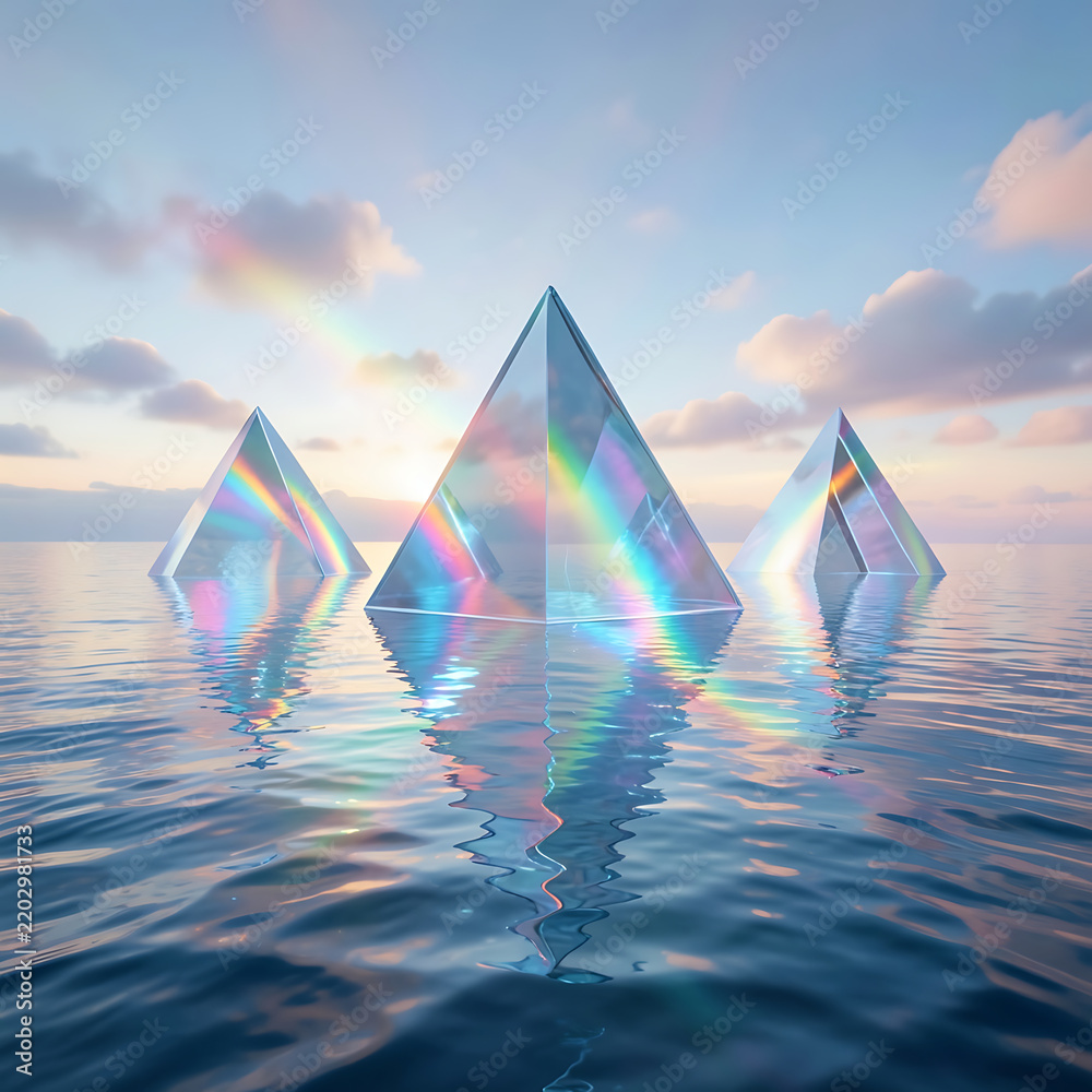 Obraz premium Surreal digital art featuring three glass pyramids floating on calm ocean water with vibrant rainbow light refractions under a dreamy pastel sunset sky