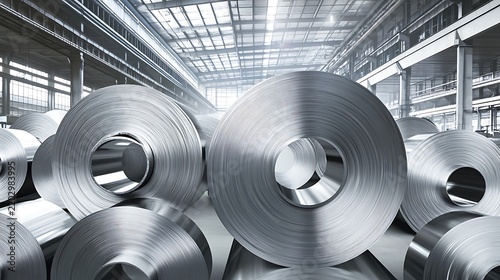 Massive steel coils in industrial warehouse metal manufacturing stockpile