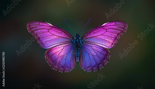 Macro photograph of a vibrant iridescent purple butterfly with symmetrical wings against a dark background