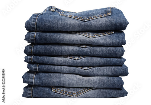 Stack of neatly folded blue denim jeans isolated on a transparent background.