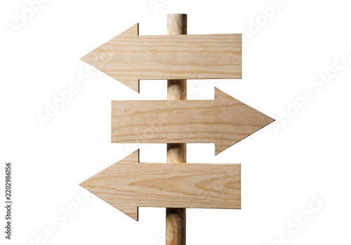 Stack of three wooden arrow signs pointing different directions isolated on a transparent background.