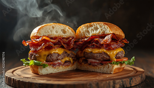 Juicy bacon cheeseburger with crispy lettuce and tomato served on wooden board for restaurant menu design