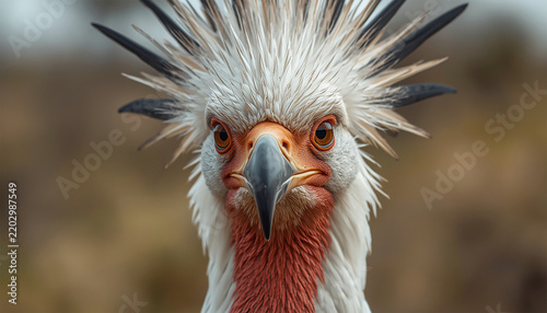 Extreme close-up portrait of a secretarybird with spiky crest feathers looking directly at camera