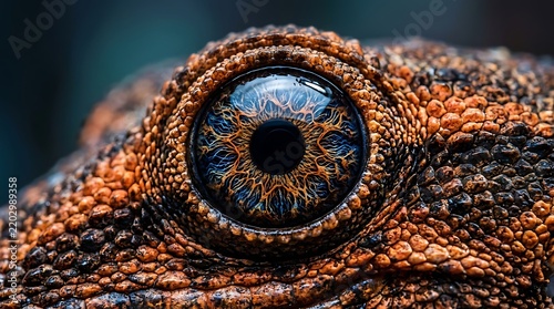 Close up photograph showcases a lizard eye with intricate blue and orange details