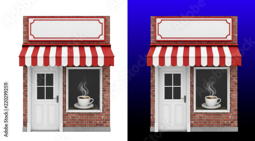 Cute coffee shop storefront with steamy cup window display