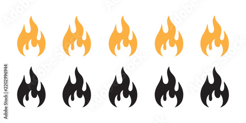 Orange and black flame vector icons sequence for fire animation or energy branding graphic elements.