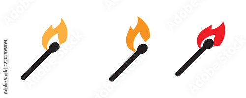 Burning matchstick vector icons with colorful flames for light source or ignition concept graphics.