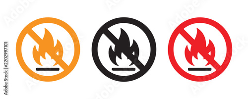 No fire warning signs set featuring crossed out flame icons for safety and prohibition information.