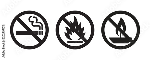Safety warning stickers with no smoking no fire and no open candle flame symbols for fire security.