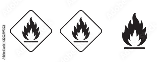Black and white fire hazard warning signs with various flame icons on transparent background.