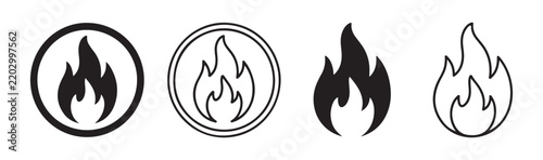 Simple fire icon set with flames and circles for warnings and alerts.