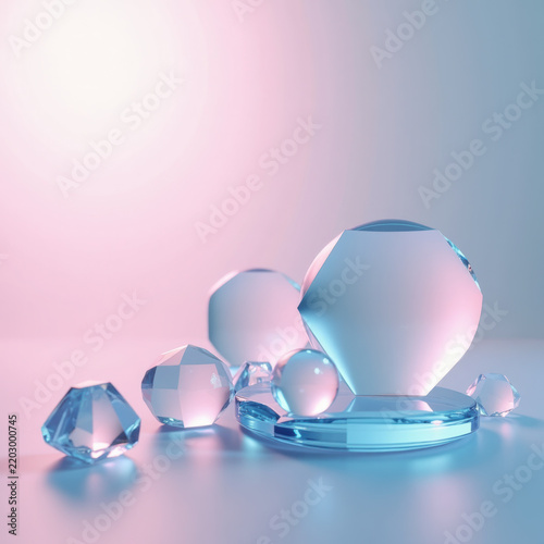 Transparent floating glass geometric shapes with soft pastel gradients, futuristic minimal luxury background, premium branding image