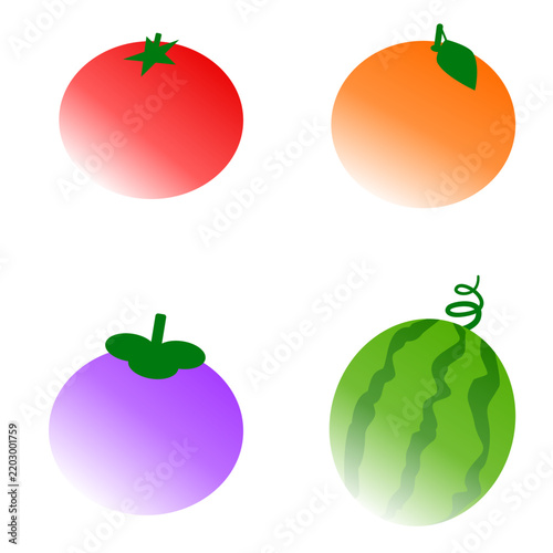 Transparent colorful fruit illustrations featuring mangosteen, watermelon, tomato, and orange with a soft gradient and translucent design style. Modern healthy food concept suitable for fruit packagin