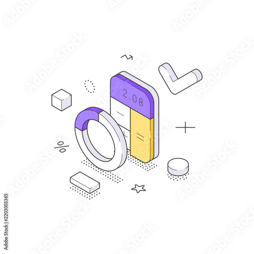 A modern isometric vector illustration of a data dashboard. A donut chart and sliders for business analytics, statistical reports, and user interface elements. A concept for data visualization