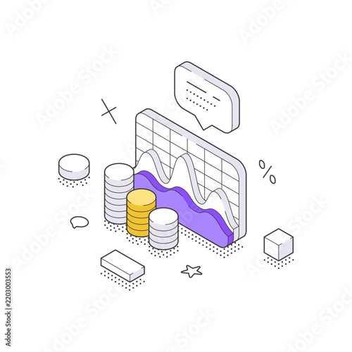 An isometric vector illustration of a falling stock market chart with coins. Represents a financial crisis, economic recession, investment loss, and business data analysis for a market report