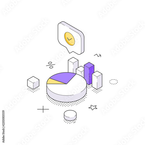An isometric vector illustration of a pie chart with data segments and a clock icon. Represents business analytics, financial reporting, statistical analysis, and time management for project deadlines