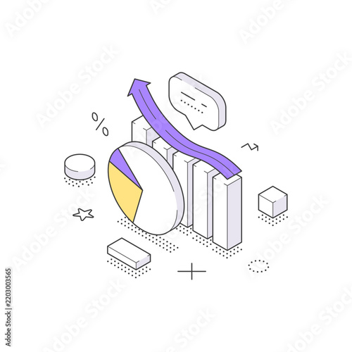 An isometric vector illustration of a pie chart with an upward arrow. Represents business growth, financial success, market share increase, profit strategy, and positive data analytics
