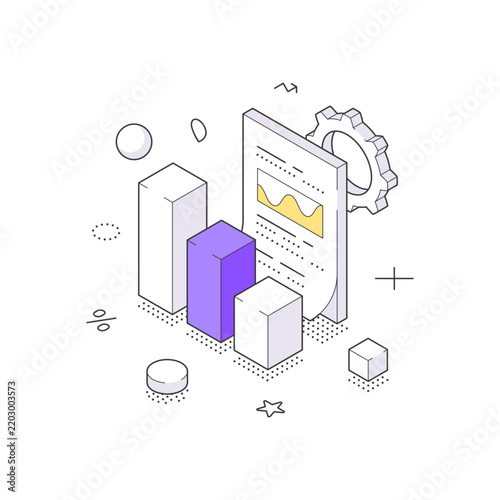 An isometric vector illustration of a business report document with a bar chart and gear. Represents data processing, performance analytics, financial statistics, and configuration settings
