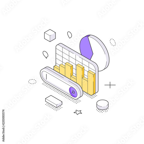 An isometric vector illustration of a search bar with bar and pie charts. Represents data search, business intelligence, market research, and financial statistics analysis on a web dashboard