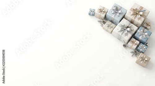 Pile of beautifully wrapped gifts arranged in a corner with blank space