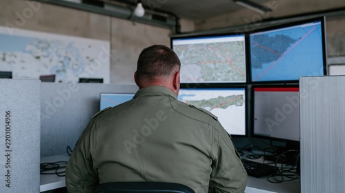 Operations commander monitoring radar and abstract maps in a gritty control room, weathered industrial setting for security and surveillance