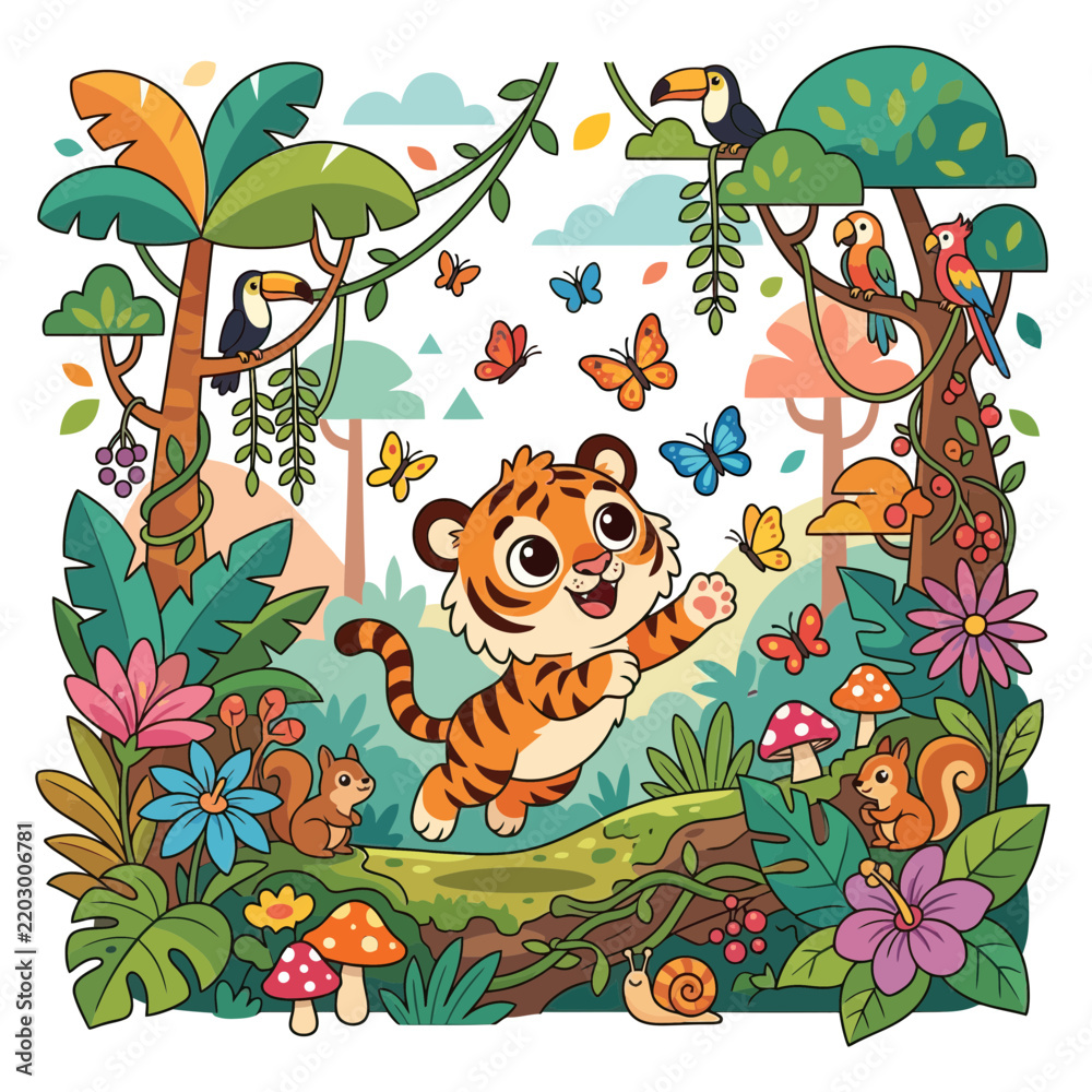 Fototapeta premium Playful tiger cub jumping in a vibrant tropical jungle surrounded by exotic birds, butterflies, and lush flora