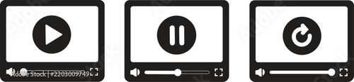 Video Player Icon Set Vector - Play Pause Replay Media Control Symbol